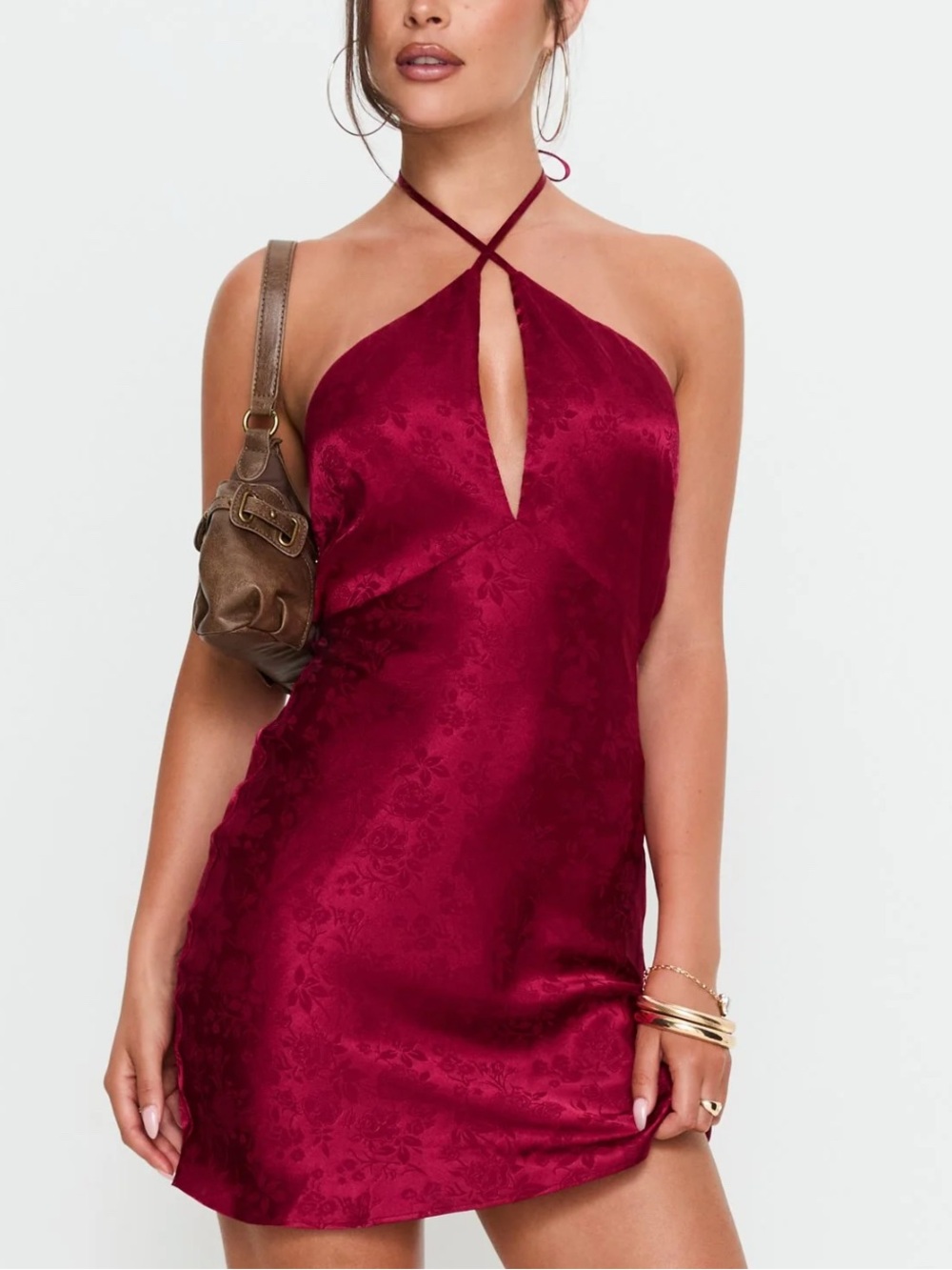 NWT Princess Polly Vanezia Halter Mini Satin Japanese Floral Cut Out Burgundy